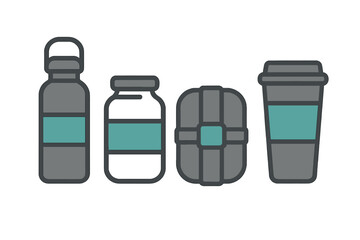 Set of reusable containers including bottle, jar, lunch box, and coffee cup