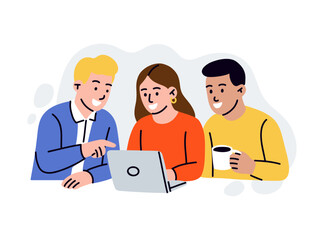 Fototapeta premium People working on laptop. Men and women using computer, online communication. Teamwork project, employee office work. Programmer or freelancer. Vector cartoon flat style isolated illustration