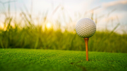 Golf ball on green grass in the evening golf course with sunshine background.