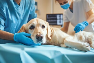 Golden retriever dog resting on an operating table while vet professionals attend, providing comforting care during an internal examination