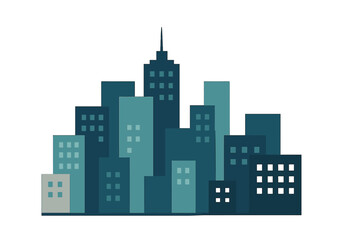Fototapeta premium Minimalist abstract city skyline silhouette of modern office buildings and skyscrapers in teal and dark blue