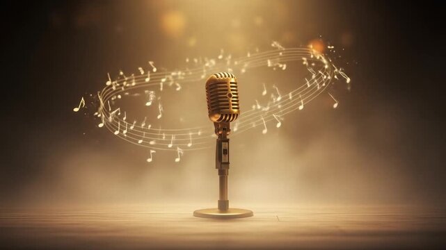Golden microphone with musical notes in artistic studio stage setting