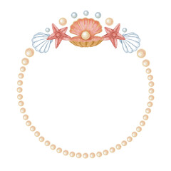 Round wreath of pearl and seashell with clam in watercolor and outline. Hand drawn line art with starfish in colored pencil sketch. Great for wedding invitation. Perfect for nautical card template.