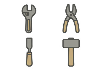 Graphic icons of essential hand tools including wrench, pliers, hammer, and chisel