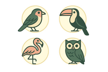 Stylized collection of tropical and forest birds: toucan, flamingo, and owl