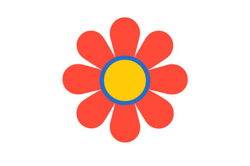Stylized red flower with yellow center and blue ring isolated on white