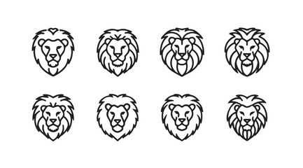 Set of eight stylized lion head logos featuring majestic manes geometric design and bold outline vector © Tanvir