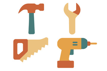 Set of essential construction and repair tools including hammer, wrench, hand saw, and power drill
