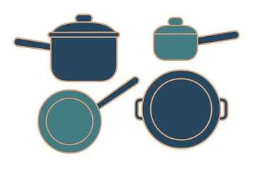 Stylized set of essential kitchen cookware including pot saucepan and frying pan