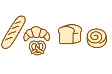 Minimalist set of bakery product symbols featuring fresh bread, pastry, and sweet treats