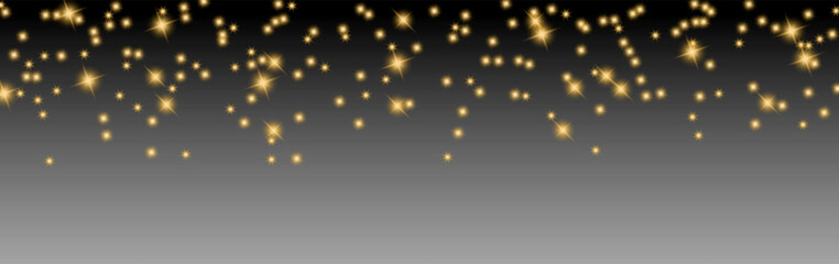 Golden shining stars scattered on a dark gradient background. Vector illustration of glowing light effects for festive, luxury, and magical decoration designs