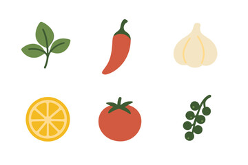 Set of fresh cooking ingredients and spices including chili, garlic, tomato, lemon, and basil leaves
