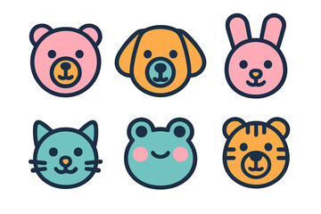 Cute cartoon animal faces collection including bear dog rabbit cat frog and tiger heads