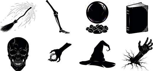 Vector art of assortment of dark halloween symbols including skull, broom, hat, and book