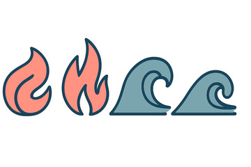 Modern stylized graphic icons representing the natural elements of fire and water