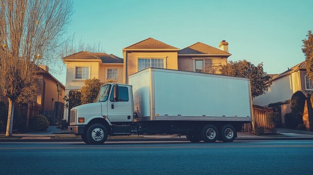 A minimalistic image of a moving truck parked in front of a house, with large, empty space on the side of the truck for advertising