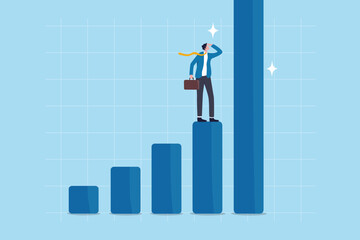 Fototapeta premium Business growth graph and chart, investment profit increase, return or earning rising up, upward trend or boost business growth, businessman look at bar chart with rising up improvement diagram.