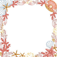 Square frame of seashell with pearl in watercolor style. Hand drawn line art with red starfish and coral in colored pencil sketch. Great for summer card template. Perfect for nautical coastal print.