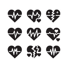 Nine black heart and electrocardiogram icons showcasing different health and love states on a white background