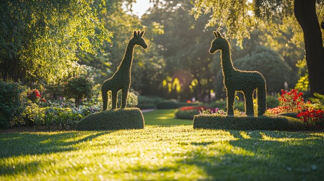 Park with topiary animal sculptures such as a giraffe and a fox made from carefully shaped bushes. The sculptures stand tall amidst a lush, green park with manicured lawns neatly arranged flowerbeds