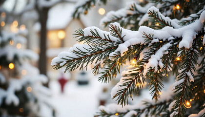 Snow-covered pine branches with Christmas lights in winter scene  