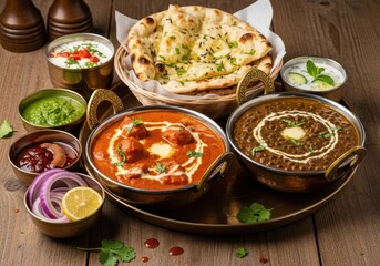 A delicious indian meal featuring butter chicken, dal makhani, naan bread, and various chutneys and raita, presented on a rustic wooden table