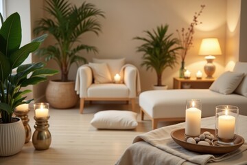 Serene Living Room Sanctuary with Soft Lighting and Greenery