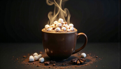 Hot chocolate with marshmallows and cocoa powder on dark background  
