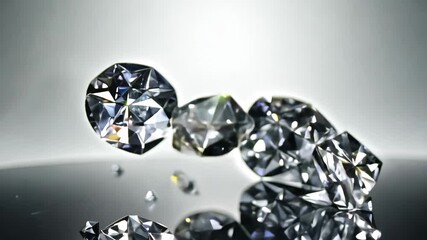 3D ultra-realistic slow motion shining diamonds falling glossy black reflective surface crystal clarity, gems bouncing mirrored reflections, cinematic studio UHD abstract luxury elegant minimalistic - Powered by Adobe
