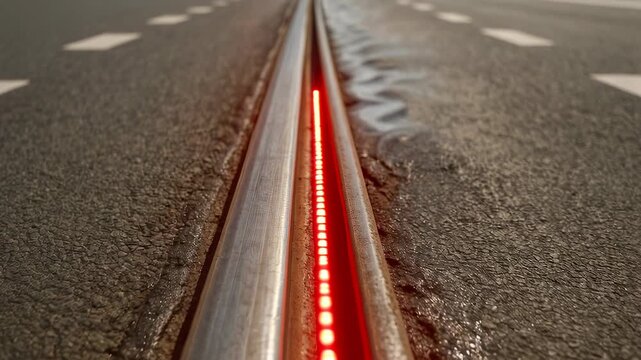 Rail track with red light embedded on asphalt road reveals heat wave impact causing visible damage and deformation on road surface near infrastructure