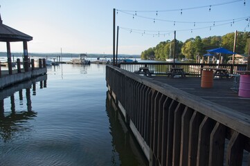 Dock with picnic tables at a marina boat launch
