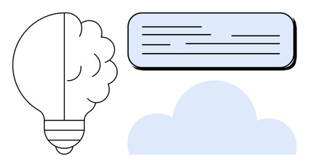 Lightbulb with brain inside, text block, cloud shape. Ideal for innovation, technology, creativity, brainstorming, cloud computing communication digital solutions. Simple flat metaphor