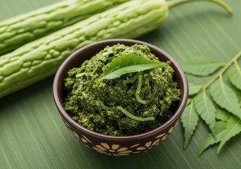 Freshly prepared green chutney made from bitter gourd and neem leaves, served in a bowl with bitter gourds in the background