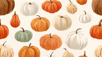 Hand-drawn illustration of a collection of pumpkins are arranged in a random pattern on a light beige background. Watercolor style. Generative AI