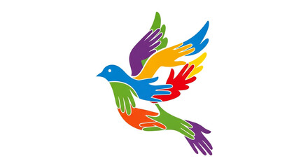 Obraz premium Colorful handprint dove symbol of unity and peace flying freely