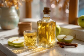 Fermented apple cider drink in a glass and bottle