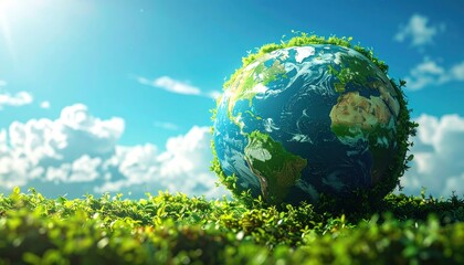 Ecological Harmony: A Vibrant Earth Adorned with Verdant Flora Under a Bright Sky Depicting