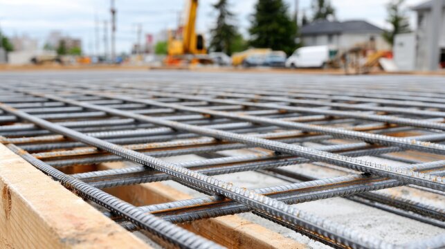 Detailed view of rusty steel rebar grid laid out on wood forms for a foundation slab at a construction site.