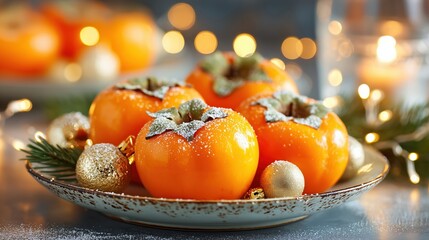 Festive arrangement of sugar-dusted persimmons with holiday decorations