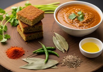 A vibrant indian curry dish served with spiced bread and fresh ingredients, arranged on a wooden board for a rustic culinary presentation