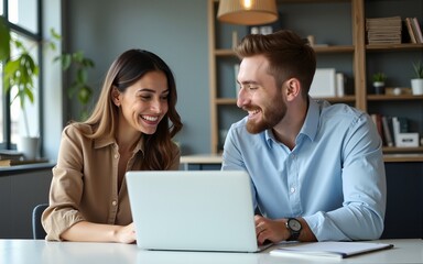 Happy coworkers discussing new business software. Business man and woman sitting at meeting table with open laptop, talking and smiling. Business software concept. High quality