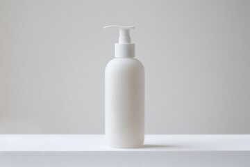 White lotion bottle standing on a clean surface, providing ample copy space. Ideal for skincare and beauty product concepts