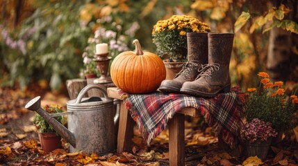 Cozy rustic autumn scene on a wooden bench outdoors
