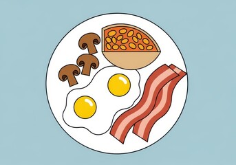 Illustration of a full english breakfast with fried eggs, bacon, mushrooms, baked beans, and toast on a white plate