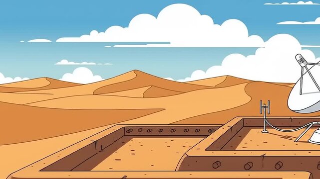 Animated Satellite Dish Station in a Vast Desert Landscape.