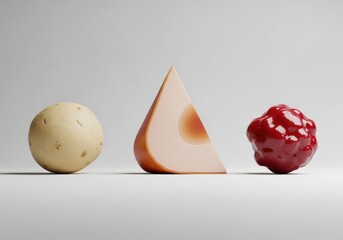 A potato, a slice of cheese, and a raspberry arranged in a row on a white background