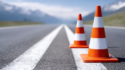 Two bright orange traffic cones sit on a straight asphalt road, leading toward blurred mountains under a blue sky.