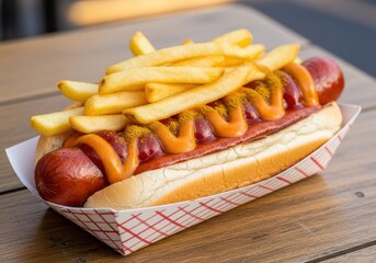A loaded hot dog with sausage, ketchup, mustard, and french fries in a paper tray