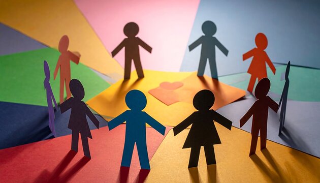 Paper cutouts of people in a circle on colorful paper