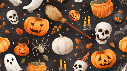 Hand-drawn Halloween-themed illustrations of pumpkins, spiders, ghosts, jack-o'-lanterns, broomsticks, bats, skulls in a pattern on a dark background. Watercolor style. Generative AI